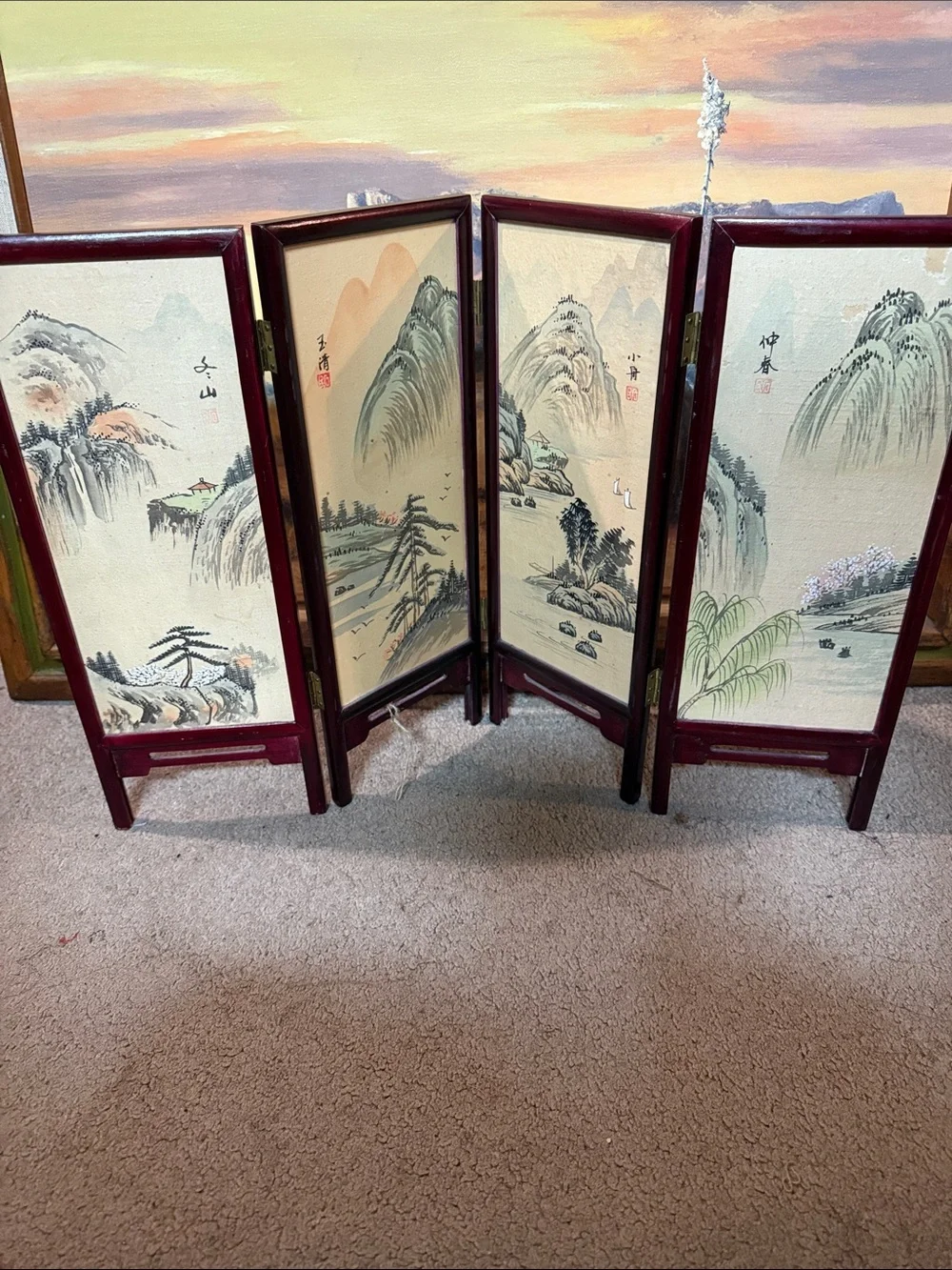 vintage Asian 4-panel tabletop screen features hand-painted silk panels